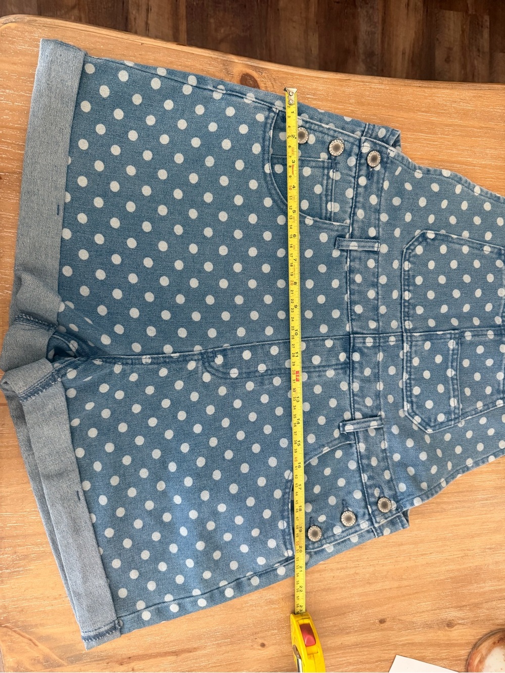 Wishlist Light Blue Polka Dot Denim Short Overalls Romper - Picture 6 of 7